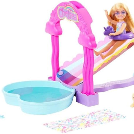 Barbie HTK39 Rainbow Water Slide Set with Chelsea Doll and Puppy, Height 20 cm, Accessories Included, Children's Toy, from 3 Years,