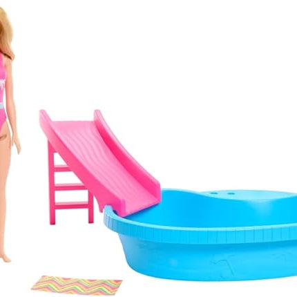 Barbie Doll & Pool Playset, Blonde in Tropical Pink One-Piece Swimsuit with Pool, Slide, Towel & Drink Accessories