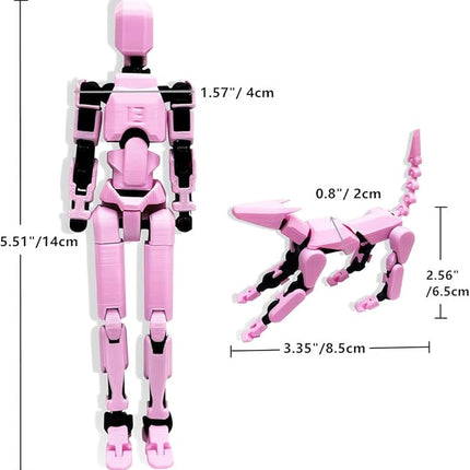 T13 Action Figures Set (Assembly Completed) Dummy 13 Titan 13 Robot Action Figure 3D Printed Robo Multi-Jointed Movable Action Figure Toy with Full Articulation (Pink Black Figure + Dog)