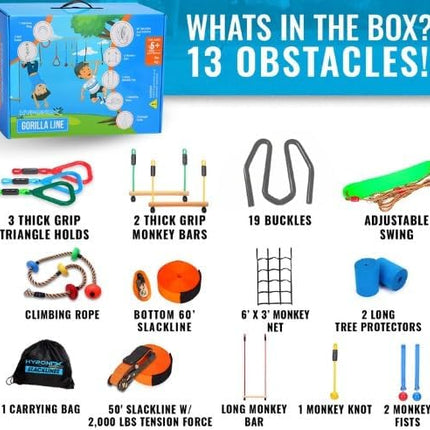 Hyponix Ninja Obstacle Course for Kids – 2 x 60 ft Slacklines with 13 Weatherproof Obstacles – Monkey Net, Ratchet-Tight Tech, Supports 880 lbs – Climbing & Swinging Backyard Fun