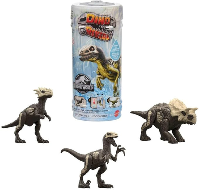 Mattel Jurassic World Dino Reveal Dinosaur Toys, Unpack Surprise & Warm Water Uncovers Full Decoration, 5 to 7 Inches, Species Vary