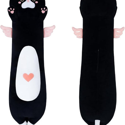 27.5in Long Plush Toy Cat Pillow Cute Plush Cat Toy Doll Stuffed Animal Cat Hugging Pillow for Sleeping Gift for Kids and Girls(Black&Pink,70cm/27.5in)