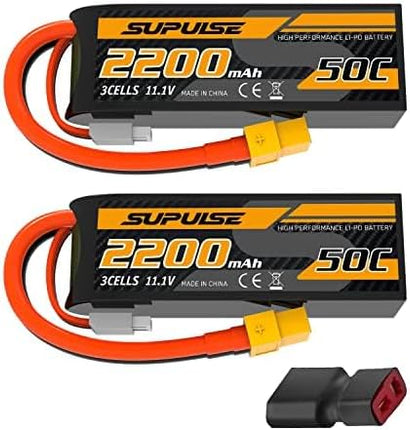 SUPULSE 11.1V 3S Lipo Battery 50C 2200mAh Soft Case Battery with T Plug and XT60 Plug for RC Airplane Helicopter RC Boat RC Car Truck(2 Packs)