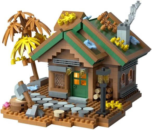 Forest Mini Wood Cabin Micro Building Set with LED Light Wooden Forest House Block Toy with Tree Log Stem Houses Construction Model for Adults Teens Birthday Gift