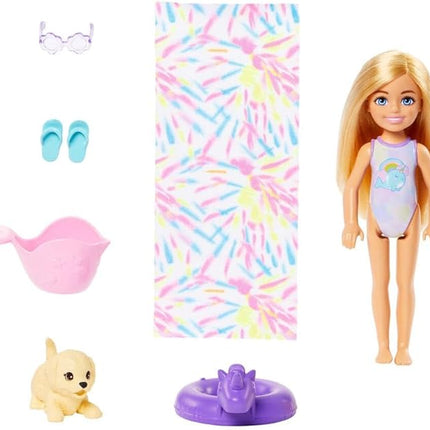 Barbie HTK39 Rainbow Water Slide Set with Chelsea Doll and Puppy, Height 20 cm, Accessories Included, Children's Toy, from 3 Years,