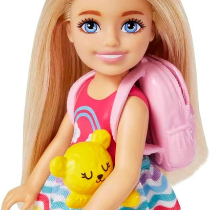 Barbie Chelsea Small Doll & 6 Accessories, Travel Set with Puppy, Pet Carrier & Backpack that Opens & Closes, Blonde Hair