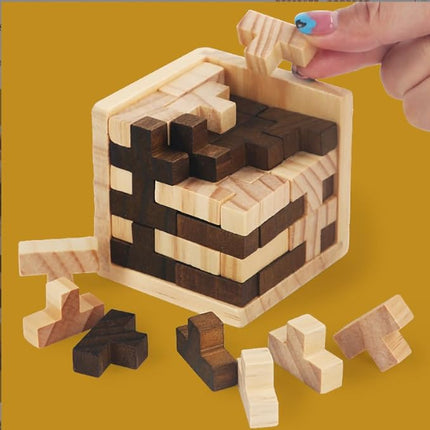 Wooden Brain Teaser Puzzle Cube Easter Basket Stuffers Wooden Puzzles T-Shaped Jigsaw Logic Puzzle Educational Toy for Kids and Adults by AHYUAN (Brown and Natural)