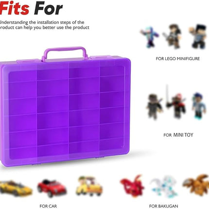 Toy Storage Organizer Case for Hot Wheels Car, for Matchbox Cars, for Mini Toys, for Small Dolls. Carrying Box Container Carrier with 24 Compartments (Box Only) (Purple)