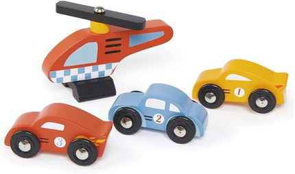 Tender Leaf Toys - Blue Bird Service Station - Classic Wooden Garage and Service Station for Cars and Helicopter with Ramps, Petrol Pumps and Car Wash Center - Imaginary and Roleplay for Children 3+