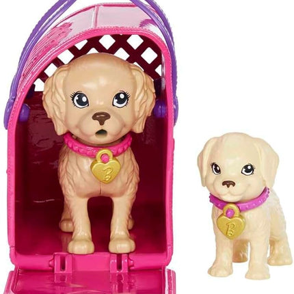 Barbie Pup Adoption Doll & Accessories Set with Color-Change, 2 Pets, Carrier & 10 Accessories, Brunette in Purple Dress