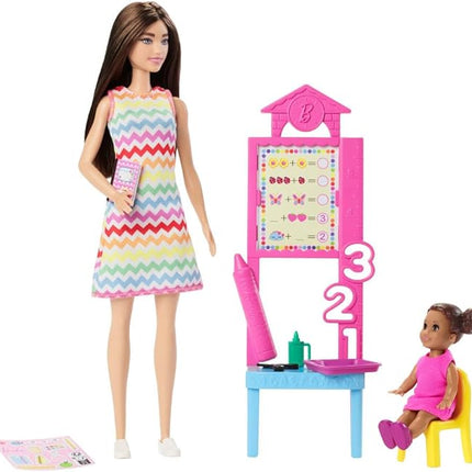 Barbie Teacher with Brunette Fashion Doll with Printed Dress, 1 Toddler Doll, & Teaching Accessories