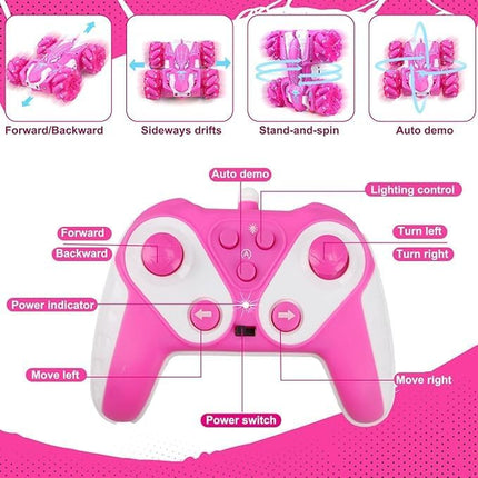 Spider Remote Control Car, Double Sided 360°Rotating USB Direct Charging RC Cars with Cool Lights, 2.4Ghz Drift RC Stunt Car, 360°Rotating 4WD Off-Road Race Toys for 4-12 Boy Girl Kids Gifts(Pink)