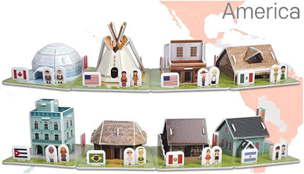 3D Puzzle Set - Traditional Houses Collection: Build 8 Country Models with Authentic Costumes, DIY Kit for Hobbyists, Creative Toy and Home Decor (America)