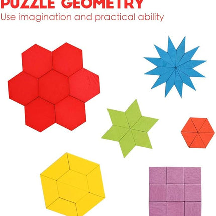JCREN Wooden Pattern Blocks Montessori Toys Shape Puzzles Kindergarten Classic Educational Tangram Geometric Brain Teaser Toys Best STEM for Kids Ages 4-8 with 24 Pcs Design Cards