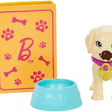 Barbie Pup Adoption Doll & Accessories Set with Color-Change, 2 Pets, Carrier & 10 Accessories, Brunette in Purple Dress