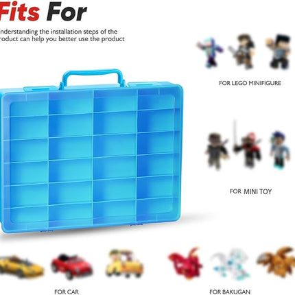 Toy Storage Organizer Case for Hot Wheels Car, for Matchbox Cars, for Mini Toys, for Small Dolls. Carrying Box Container Carrier with 24 Compartments (Box Only) (Blue)