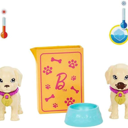 Barbie Pup Adoption Doll & Accessories Set with Color-Change, 2 Pets, Carrier & 10 Accessories, Brunette in Purple Dress