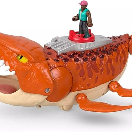 Fisher-Price Imaginext Jurassic World Rebirth Aquachomp Chase Mosasaurus 18-inch Dinosaur Toy with 3-inch Action Figure, Launcher Boat & 2 Projectiles