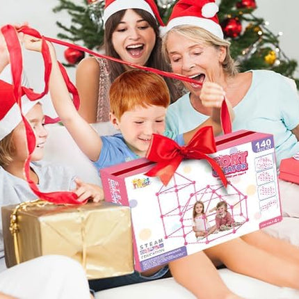 SpringFlower Fort Building Kit for Kids,STEM Construction Toys, Educational Gift for 3 4 5 6 7 8 9 10 11 12 Years Old Boys and Girls,Ultimate Creative Set for Indoor & Outdoors Activity,140 Pcs,Pink