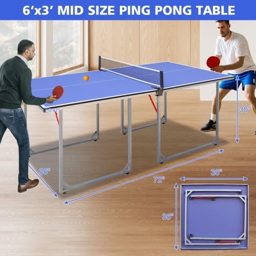 Table Tennis Table Mid-Size, Foldable Ping Pong Table Top Full Size with 2 Paddles, 2 Balls, 1 Net & 4 Wheels, Folding Table Tennis for Indoor & Outdoor, Quick Assembly to Support Multiplayer