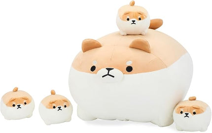 Shiba Inu Plush Pillow 16 Inches with Four Shiaba Babies in Mommy‘s Belly, Super Soft Cartoon Dog Stuffed Animal Shiba Inu Plush Gifts for Kids Birthday