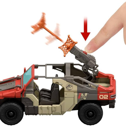 Mattel Jurassic World Rebirth Vehicle with 1 Human & 1 Dinosaur Figure, Launch ‘N Battle Truck, Martin Krebs Figure & Raptor, Turret & 2 Projectiles