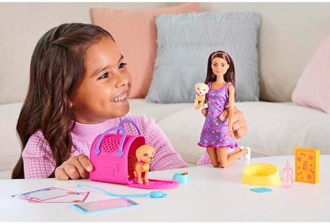 Barbie Pup Adoption Doll & Accessories Set with Color-Change, 2 Pets, Carrier & 10 Accessories, Brunette in Purple Dress