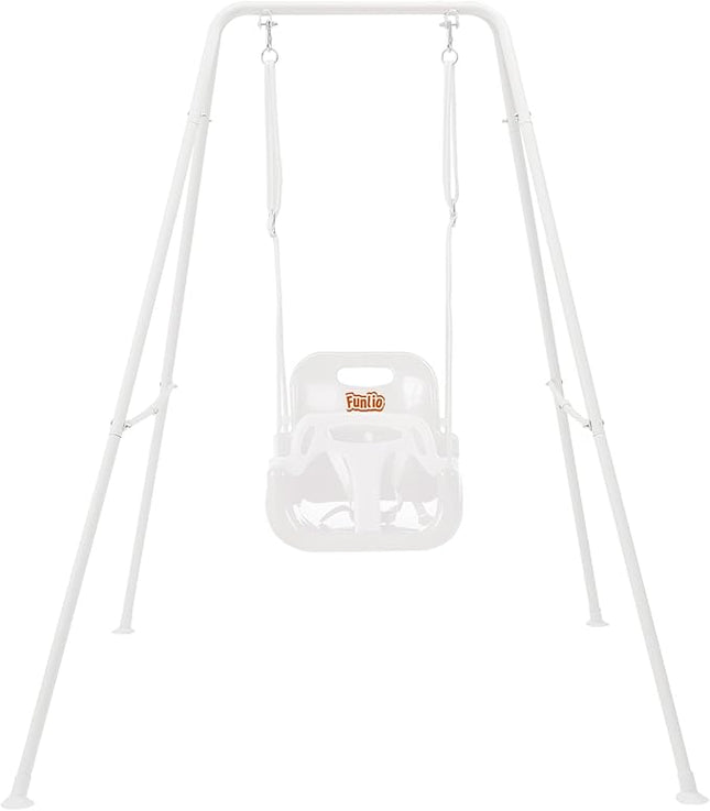 FUNLIO Toddler Swing with Foldable Metal Stand for Toddlers Aged 1~10 Years, 3-in-1 Baby Swing Set with 4 Sandbags for Backyard/Indoor/Outdoor Play, Easy to Assemble & Store, White