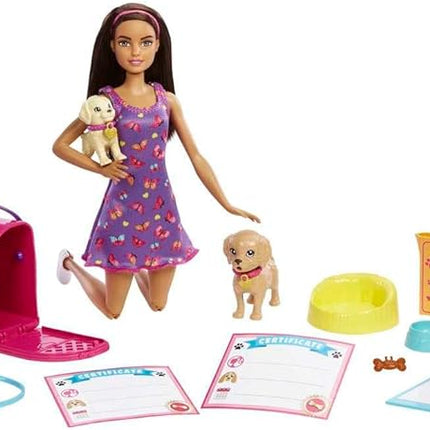 Barbie Pup Adoption Doll & Accessories Set with Color-Change, 2 Pets, Carrier & 10 Accessories, Brunette in Purple Dress