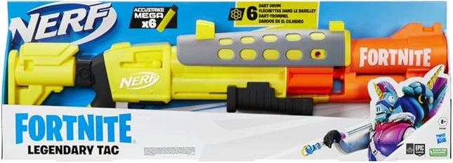 Nerf Fortnite Legendary TAC Blaster, Yellow Glow Wrap Design, 6-Dart Mega Drum, 6 Nerf AccuStrike Mega Darts, Multicolor, One Size