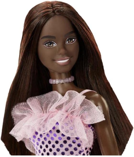 Barbie® Doll, Kids Toys, Dark Brown Hair, Pink Metallic Dress, Trendy Clothes and Accessories, Gifts for Kids