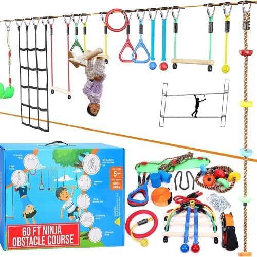 Hyponix Ninja Obstacle Course for Kids – 2 x 60 ft Slacklines with 13 Weatherproof Obstacles – Monkey Net, Ratchet-Tight Tech, Supports 880 lbs – Climbing & Swinging Backyard Fun