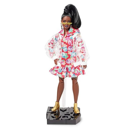 Barbie BMR1959 Fully Poseable Curvy Fashion Doll, Brunette, in Clear Vinyl Bomber Jacket and Floral Hoodie Dress, with Accessories and Doll Stand