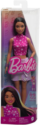 Barbie Fashionistas Doll #215 with Black Straight Hair, Pink Star-Print Top & Iridescent Skirt, 65th Anniversary Collectible Toy