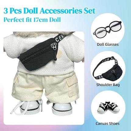 3pcs Doll Accessories Set Included Mini Glasses, Shoulder Bag and Canvas Shoes, Dress Up Accessories Replacement for 17cm Doll, Mini Costume Supplies for 6.7in Figures (Set of Black)