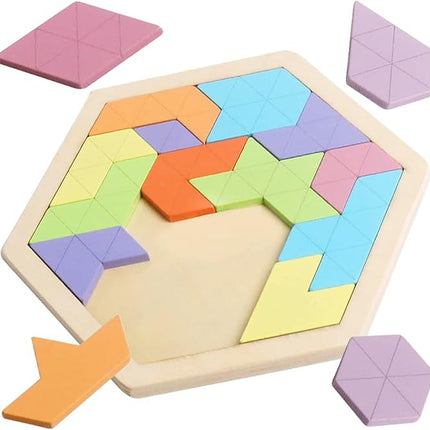 Skrtuan Wooden Hexagon Puzzle for Kid Adults Wooden Blocks Puzzle Brain Teasers Toy Shape Pattern Blocks Tangram Puzzles Games Family Portable Montessori Educational Gift for Kid Children