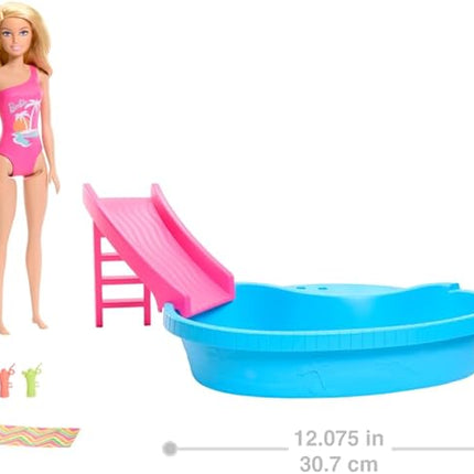 Barbie Doll & Pool Playset, Blonde in Tropical Pink One-Piece Swimsuit with Pool, Slide, Towel & Drink Accessories