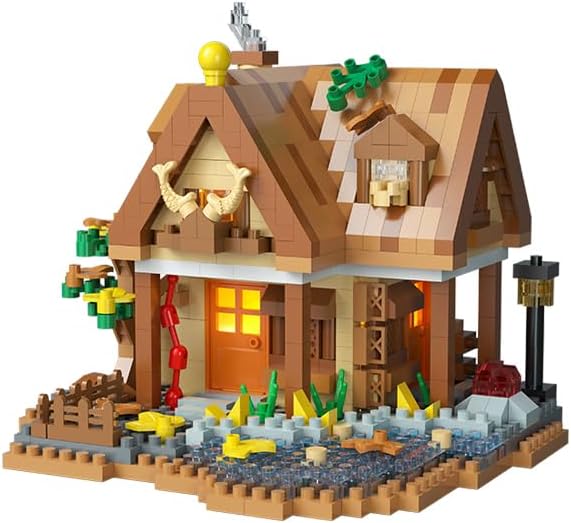 Cozy Mini Wood Cabin Micro Building Set with LED Light Wooden Forest House Block Toy with Tree Log Stem Houses Construction Model for Adults Teens Birthday Gift