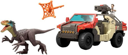 Mattel Jurassic World Rebirth Vehicle with 1 Human & 1 Dinosaur Figure, Launch ‘N Battle Truck, Martin Krebs Figure & Raptor, Turret & 2 Projectiles