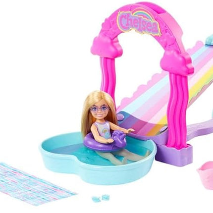 Barbie HTK39 Rainbow Water Slide Set with Chelsea Doll and Puppy, Height 20 cm, Accessories Included, Children's Toy, from 3 Years,