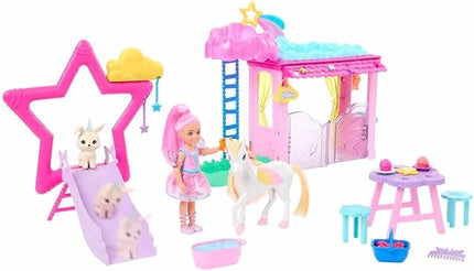 Barbie A Touch of Magic Chelsea Small Doll & Pegasus Playset with Stable, Slide, Pet Bunny 10+ Accessories, Color-Change Winged Horse Toy