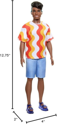 Barbie Fashionistas Ken Doll #220 with Behind-The-Ear Hearing Aids & Broad Body Wearing a Removable Orange Patterned Shirt, Shorts & Jelly Sandals