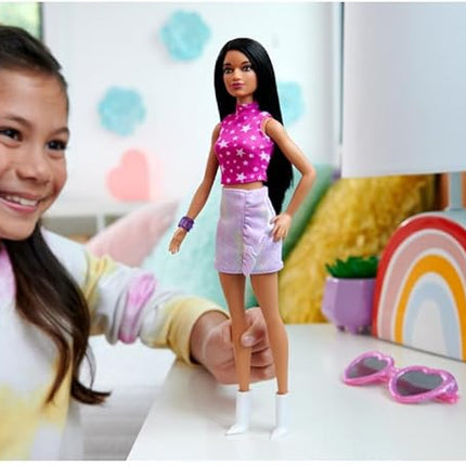 Barbie Fashionistas Doll #215 with Black Straight Hair, Pink Star-Print Top & Iridescent Skirt, 65th Anniversary Collectible Toy