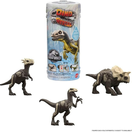 Mattel Jurassic World Dino Reveal Dinosaur Toys, Unpack Surprise & Warm Water Uncovers Full Decoration, 5 to 7 Inches, Species Vary