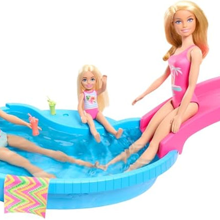Barbie Doll & Pool Playset, Blonde in Tropical Pink One-Piece Swimsuit with Pool, Slide, Towel & Drink Accessories