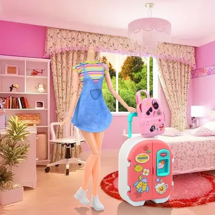 UNICORN ELEMENT 16 Pcs Doll Clothes and Accessories for 11.5 Inch Girl Dolls, Fashion Travel Suitcase Set Including Blue Jean Skirts, Bags, Food Magazines etc (Style B)