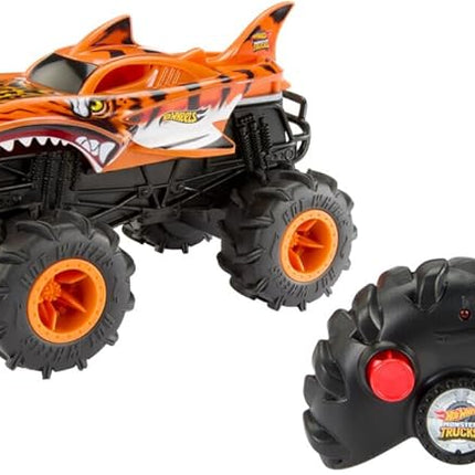 Hot Wheels Monster Trucks RC, 1:24 Scale Tiger Shark Vehicle, Oversized Remote-Control Toy Truck with Terrain Action Tires