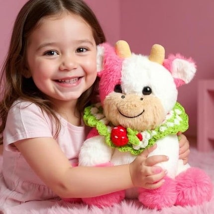 Hopearl Adorable Plush Cow Toy with Knitted Cute Strawberry Bib Floppy Dairy Cattle Soft Stuffed Animal Gifts for Boys Girls Kids Toddlers, Pink, 9''