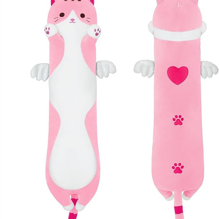 Long Plush Toy Cat Pillow Cute Plush Cat Toy Doll Stuffed Animal Cat Hugging Pillow for Sleeping Gift for Kids and Girls(Pink,70cm/27.5in)