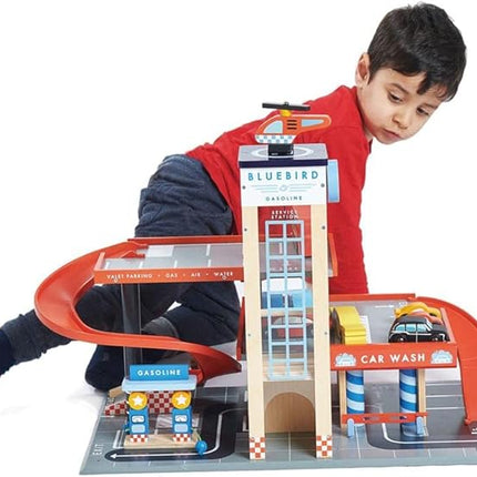 Tender Leaf Toys - Blue Bird Service Station - Classic Wooden Garage and Service Station for Cars and Helicopter with Ramps, Petrol Pumps and Car Wash Center - Imaginary and Roleplay for Children 3+
